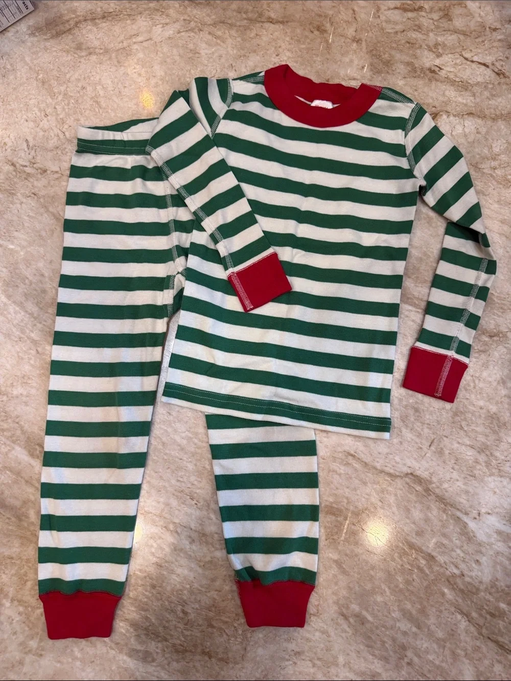 Hanna Andersson Green & White Striped Pajama Set with Red Trim